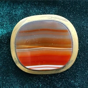 Antique Sliced Banded Agate Oval Brooch Pin Brass Signed Orange Sunset - Picture 1 of 8
