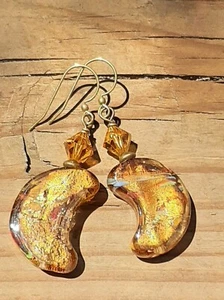 Boho Ohrringe, Goldfolie Kunst Glasmonde, aus Swarovski Kristall - Bild 1 von 4