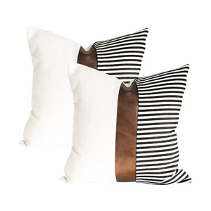 Decorative Throw Pillow Covers Stripe Patchwork Tan Faux Leather 18"x18" 2pcs - Picture 1 of 3