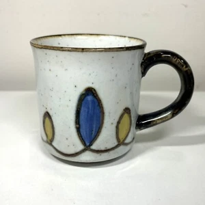 Vintage Probable Otagiri Coffee Mug Speckled Stoneware Blue & Yellow Curlicues - Picture 1 of 6