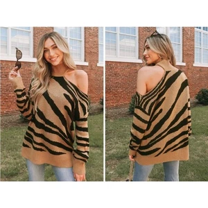Nuevo Suéter Tejido Cupshe Un Hombro Tigre Rayas Mujer M Marrón Negro Animal - Imagen 1 de 9