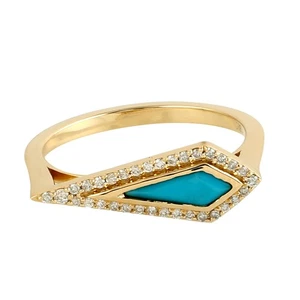 18K Gold Turquoise Ring Natural Diamond Geometric Fine Jewelry for Women Gift - Picture 1 of 6