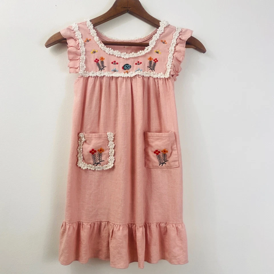 Girls Pink Blush Linen Blend Embroidered Dress Ruffle Sleeves Pockets Size 130 - Image 1 of 4
