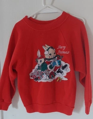 Suéter Jersey Vintage Hanes Bunny Conejos Trineo Navidad Rojo Foto 1 de 4