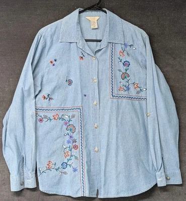 Vtg Teddi Womens Denim Shirt Medium Floral Embroidered Long Sleeve Metal Button - Image 1 of 4