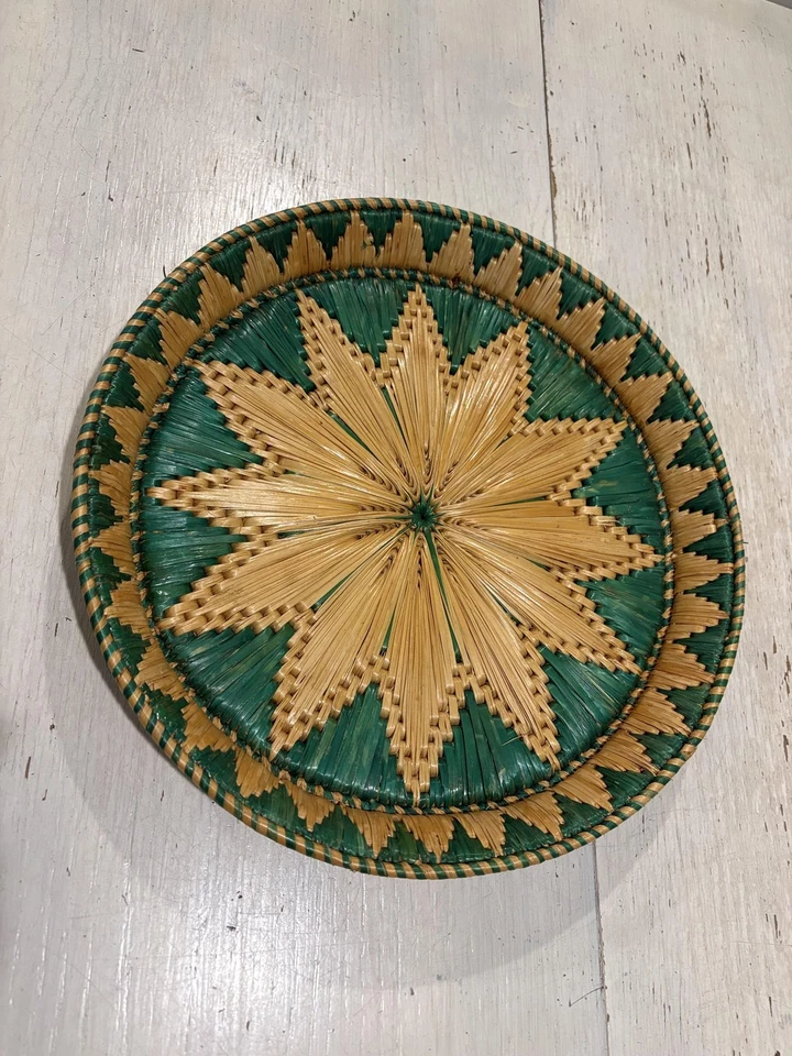 Handwoven Straw Basket Plate Tray Round Green Natural Starburst Decor Wall Art - Image 1 of 4