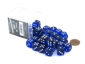 Case of 36 Deluxe Transparent Small 12mm Round Edge Dice - Blue with White Pips - Picture 1 of 1