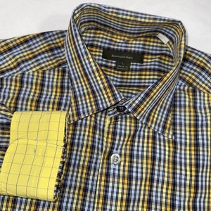 Ermenegildo Zegna Shirt Men L Plaid Button Up Cotton L/S Blue Yellow Flip Cuff - Picture 1 of 6