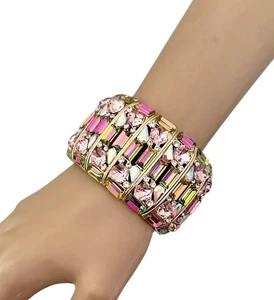 1.75“ Wide Iridescent Vitrail CZ & Crystals Chunky Statement Bangle Bracelet - Picture 1 of 4