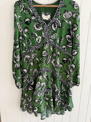 Anthropologie Tiered V-Neck Mini Dress in Green Motif  Boho Holiday Medium - Image 1 of 4