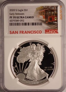 2020 (S) SILVER AMERICAN EAGLE $1 US NGC PF70 EARLY RELEASES TROLLEY LABEL - Picture 1 of 2
