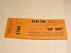 Karlton Cine Teatro Williamsport 1941, Pensilvania  Boleto de cine War Bond "Gap Ahoy" #7 - Imagen 1 de 3