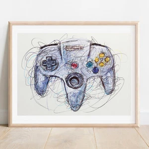 N64 Controller Ballpoint Pen Print, Nintendo Art Poster - Picture 1 of 3