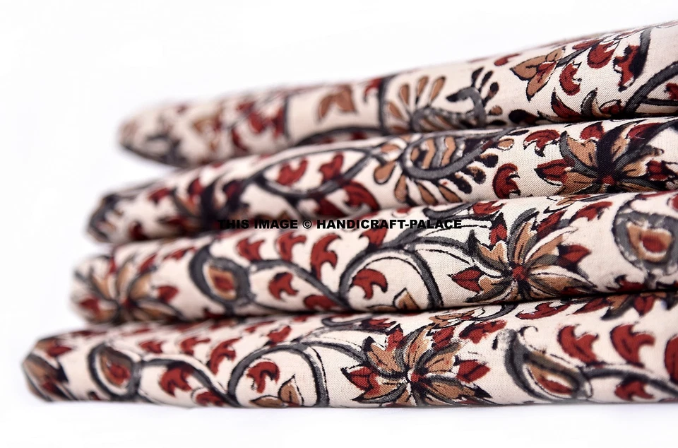 5 Yard Indian Hand Block Print Pure Cotton Fabric Sanganeri Running Fabric Beige - Image 1 of 3