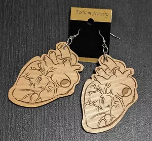 Heart Earrings Wood Anatomical Statement Jewelry Light Weight 2 3/4” - Picture 1 of 3