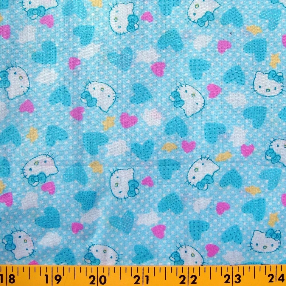 BTY Hello Kitty 63" wide Hearts White Polka Dots Blue Cotton Fabric By The Yard  - Image 1 of 2