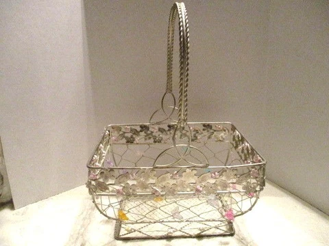 Silver Metal Wire Rectangular Basket w/Plastic Butterfly and Flower Accents Cover