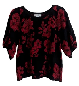 LIZ CLAIBORNE Black Metallic Red Floral Puff Sleeve Knit Pullover Top Large P1 - Picture 1 of 6