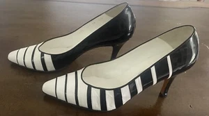 Vintage BALLY Black and White Striped Leather Pumps 3 inch heels Italy Size 8.5 - Picture 1 of 10