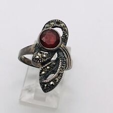 SIZE 7 4g 925 STERLING SILVER RED GARNET MARCASITE FINE RING ISSUE MISSING!!!