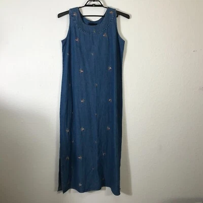 Demin & Co. Dress Jumper Size L Midi Blue Floral Embroidered Sleeveless Y2K - Image 1 of 4