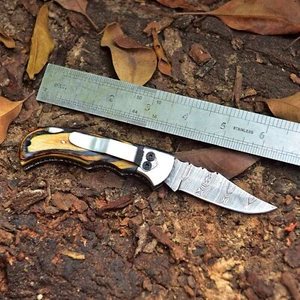 Handmade Damascus Folding Blade Pocket Knife Back Lock - Clip Holder Boot & Belt - Picture 1 of 6