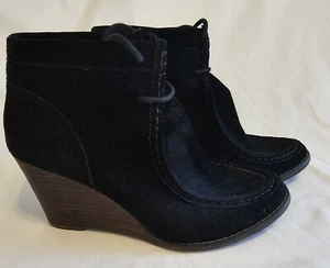 Lucky Brand Womens Suede Booties Ysabel Wedge Ankle Boots Black Size 8.5 Lace Up - Picture 1 of 7