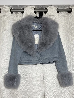 NWT-Cato Womens Denim Blue RemovableFaux Fur Jacket Button Front-Size Medium - Image 1 of 4