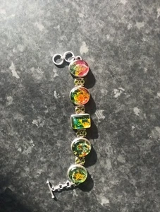 Multi Colour Silver 925 Dichroic Glass Cabochon Gemstone Statement Bracelet - Picture 1 of 8