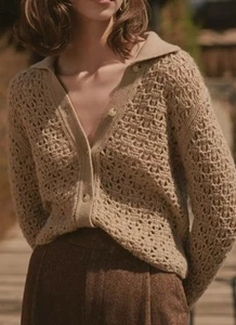VINCE CROCHET KNIT COLLARD CARDIGAN WOOL/CASHMERE LIGHT SIZE SMALL AMBER - Picture 1 of 9