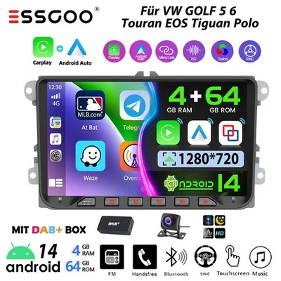 DAB+ Android 14 4+64G Autoradio Für VW GOLF 5 EOS Touran Tiguan Polo Carplay GPS - Bild 1 von 4