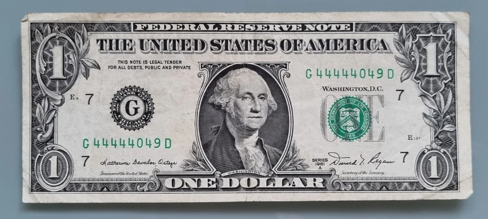 1981 A One Dollar Federal Reserve Note $1 FANCY SERIAL NUMBER G44444049D #96353 - Image 1 of 2