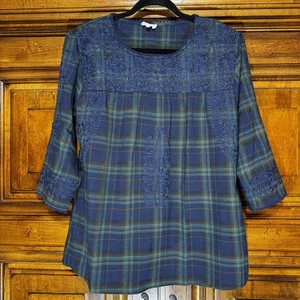Layerz Shirt Womens L Navy Blue Green Plaid Embroidered Boho Tunic 3/4 Sleeve - Picture 1 of 7