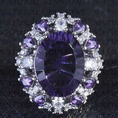 Anillo de aniversario de diamantes y amatista natural de corte ovalado de 9 quilates enchapado en oro blanco de 18 quilates Foto 1 de 4