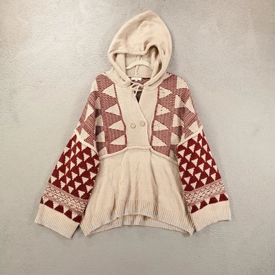 Easel Hoodie Womens Large Tan Red Boho Relaxed Fit Knit Hooded Sweatshirt - Image 1 of 4