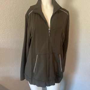 ZENERGY Chico's Embellished Track Suit Olive Bling Set Jacket- sz 2/Pants-sz 2R - Picture 1 of 21