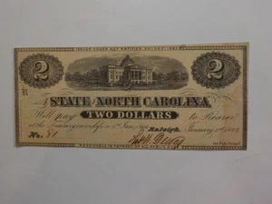 Civil War Confederate 1863 2 Dollar Bill Raleigh North Carolina Paper Money VTG - Picture 1 of 2