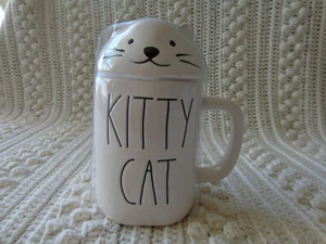 Taza Rae Dunn Blanca KITTY CAT con CABEZA DE GATO Topper NUEVO - Imagen 1 de 1