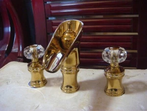 Gold Widespread Basin Lavatory sink Faucet Waterfall Tap crystal handles NEW - Picture 1 of 1