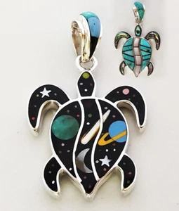 Reversible Multicolor Turquoise Paua Shell Celestial .925 Silver Turtle Pendant - Picture 1 of 2