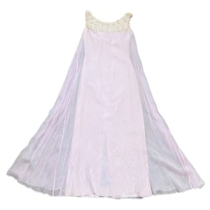 Vintage 1950s Pink Chiffon Taffeta Maxi Dress Sz S Embroidered Daisies Womens - Picture 1 of 4