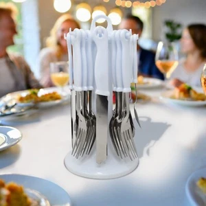 24PC WHITE CUTLERY DINNER SET STAINLESS STEEL STAND UTENSIL FORK SPOON HOLDER - Picture 1 of 7