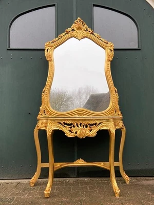 Console Table with Mirror Set Louis XVI Rococo Style Gilt Wood Black Marble - Image 1 of 4