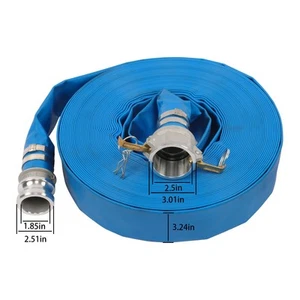 2" x 100 FT Blue Heavy Duty Layflat Discharge Hose Assembly with Cam and Groove - Picture 1 of 12