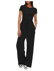  Women's 2 Piece Outfits Lounge Sets Ruched Short Small Black（29" Inseam） - Picture 1 of 5
