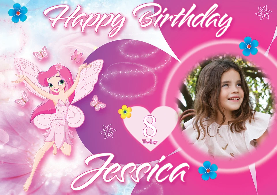 FOTO DE NIÑAS GRANDES PÓSTER DE CUMPLEAÑOS DE HADA BANNER PERSONALIZADO CUALQUIER NOMBRE TEXTO Foto 1 de 1
