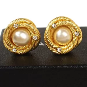 CHANEL CC Round Button Earrings 29 Clip-On Rhinestone Imitation Pearl GD 39RH419 - Picture 1 of 8