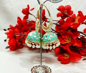 Indian Green Pearls Jhumki Earrings Light Weight Kundan Stone Wedding Jewellery - Picture 1 of 3