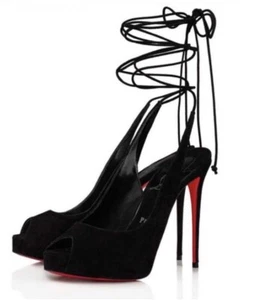 $995 Christian Louboutin Lace Up NVP 120 Suede Sandals Peep-Toe Red Black 36 - Picture 1 of 9