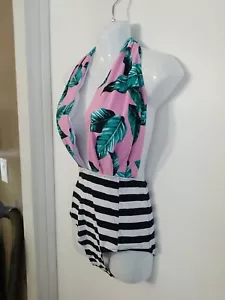 PINK TROPICAL AND BLACK & WHITE STRIPE PRINT HALTER ONE PIECE SWIMSUIT L NWOT - Picture 1 of 5